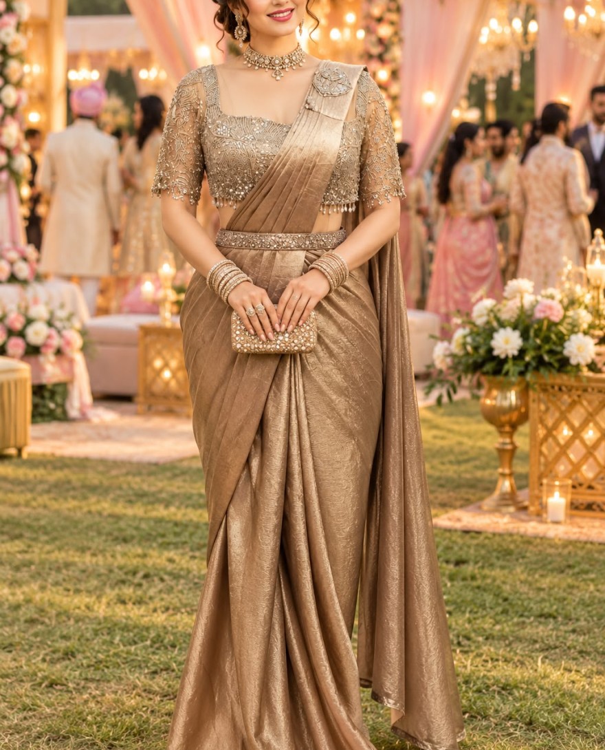 66823 - Gold Embroidered Work Crush Classic Saree